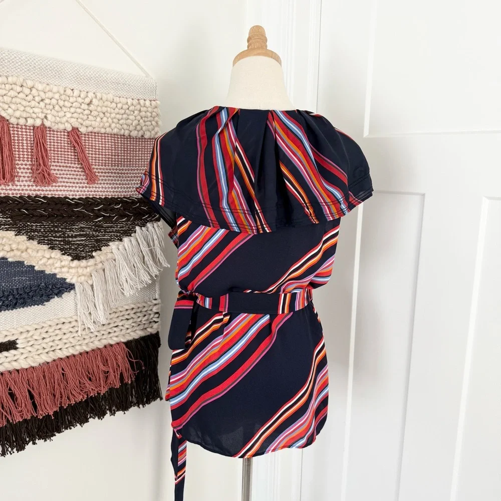 Tory Burch Amelia Navy Blue Multicolor Stripe Ruffled Wrap Blouse Top Sz 8